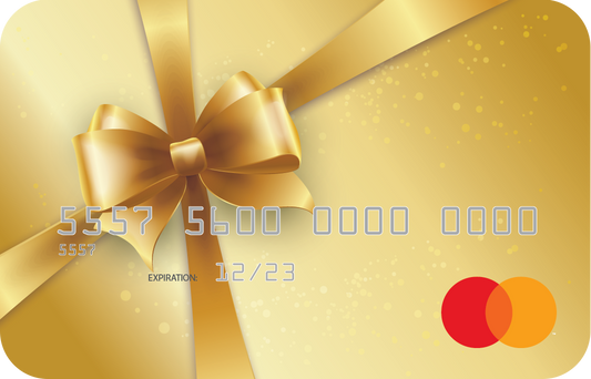 Personalized prepaid mastercard gift card featuring gold ribbon artwork