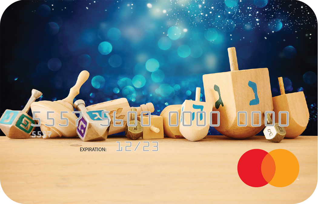 Personalized prepaid mastercard gift card featuring dreidel themed artwork