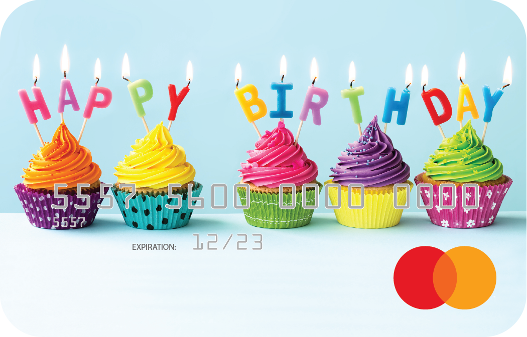 Personalized prepaid mastercard gift card featuring birthday cupcake artwork