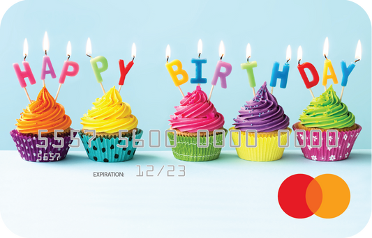 Personalized prepaid mastercard gift card featuring birthday cupcake artwork