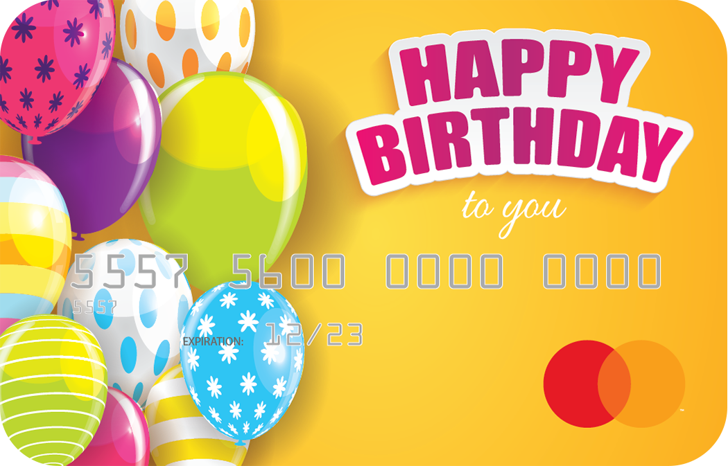 Personalized prepaid mastercard gift card featuring birthday artwork