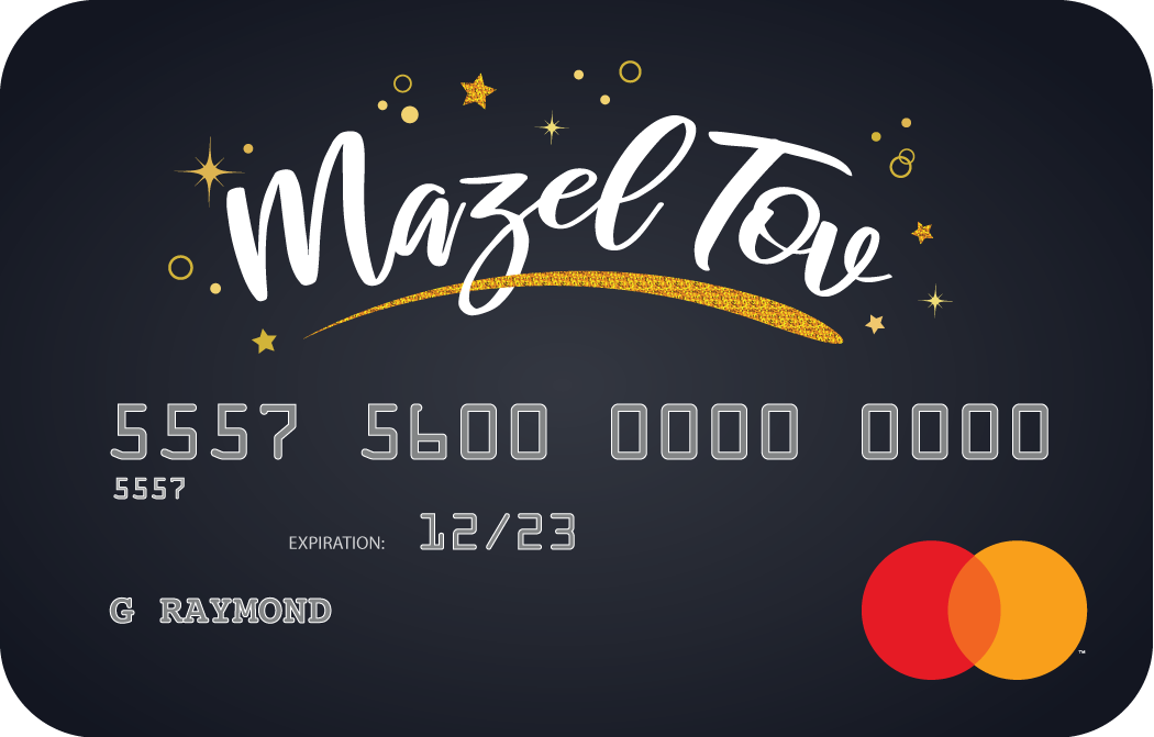 Personalized prepaid mastercard gift card featuring black mazel tovartwork