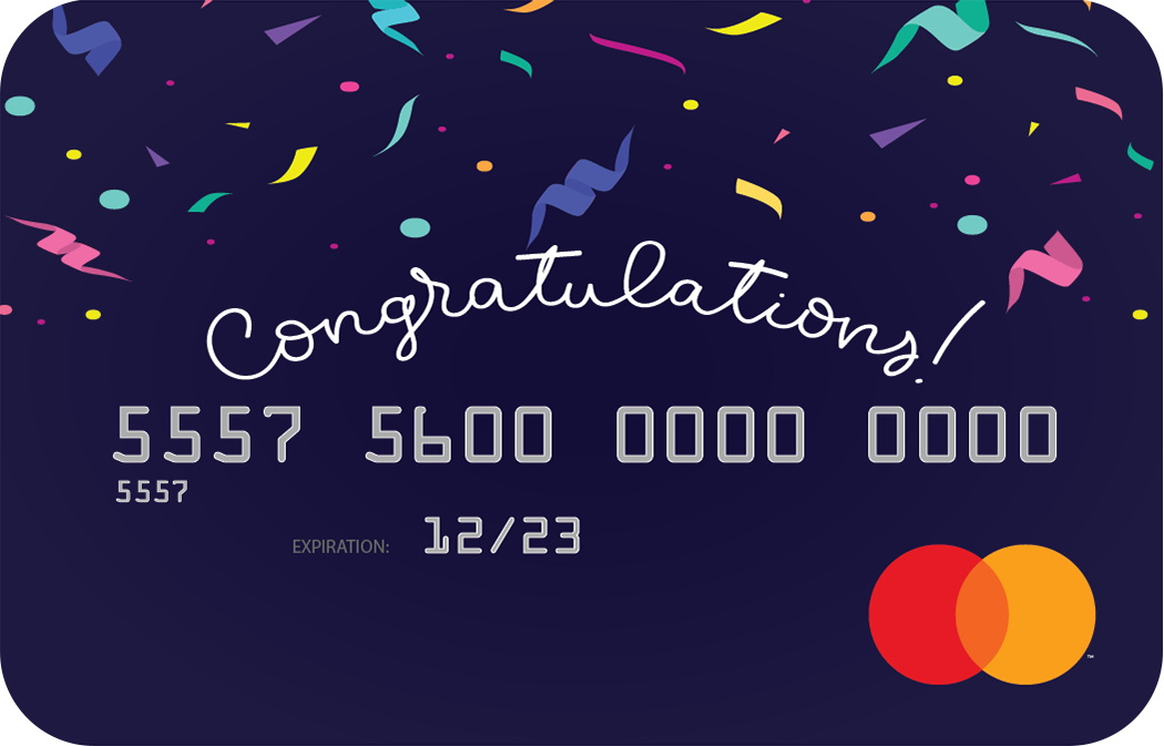 Personalized prepaid mastercard gift card featuring congratulatory artwork