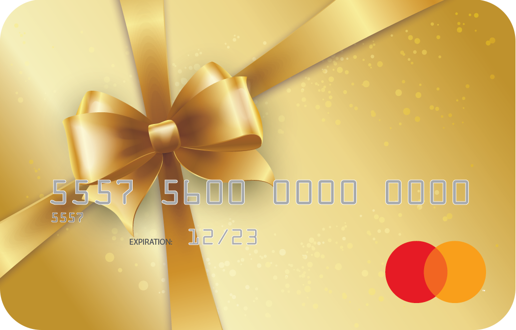 Personalized prepaid mastercard gift card featuring gold ribbon artwork