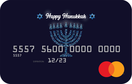 Personalized prepaid mastercard gift card featuring hanukkah themed artwork