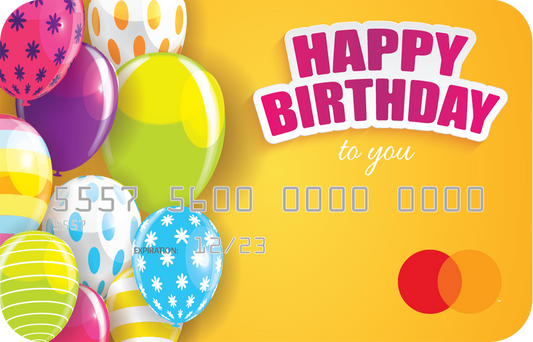 Personalized prepaid mastercard gift card featuring birthday artwork