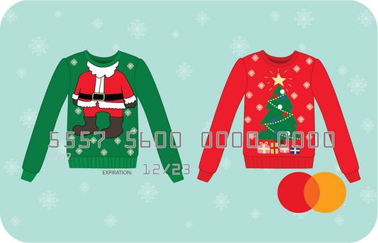 Personalized prepaid mastercard gift card featuring christmas sweater artwork