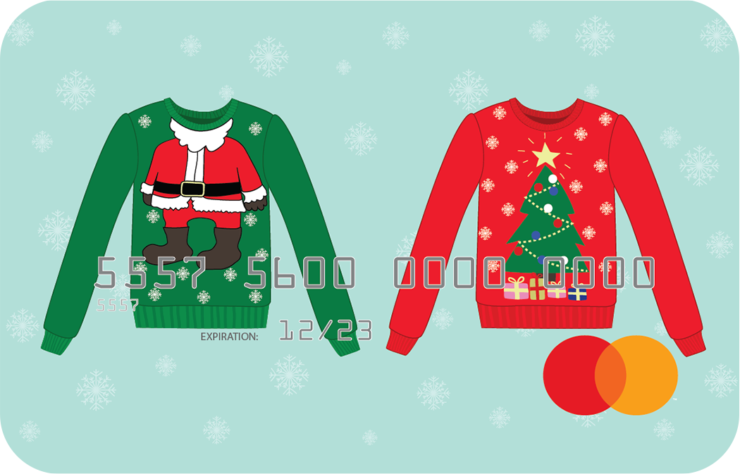 Personalized prepaid mastercard gift card featuring christmas sweater artwork