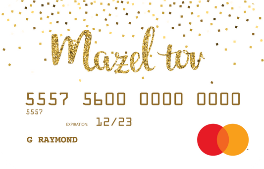 Personalized prepaid mastercard gift card featuring white mazel tov artwork