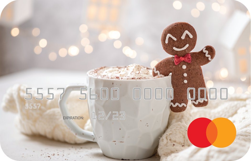 Personalized prepaid mastercard gift card featuring gingerbread man artwork
